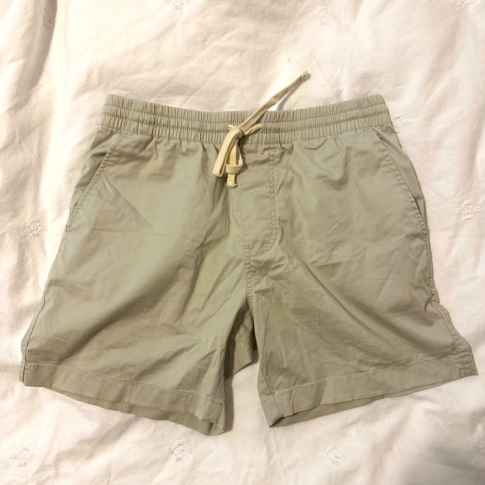 JCrew Factory 6in drawstring shorts.   Light khaki